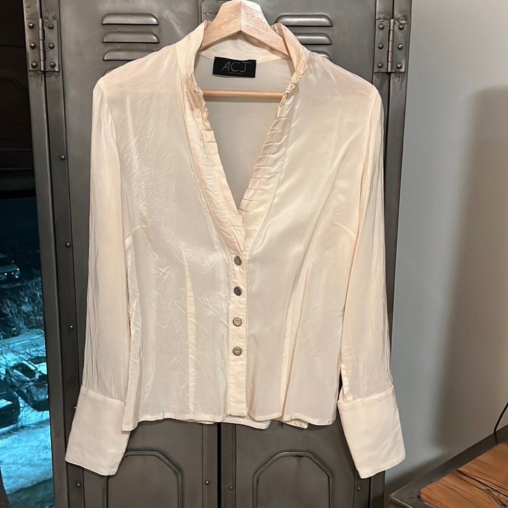 Cream V-Neck Silk Blouse